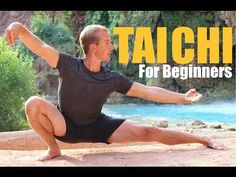 a man is doing yoga in front of a river with the words taichi for beginners