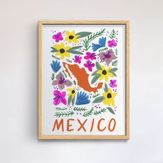 a framed mexican map with colorful flowers and the word mexico printed on it in orange