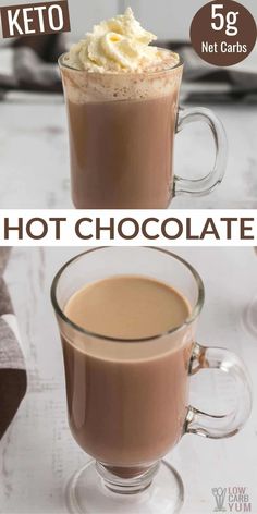 keto hot chocolate in a glass mug with whipped cream on top and below the image