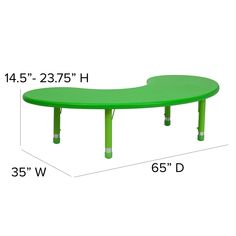 a green plastic table with measurements for the top and bottom portion, including an oval shape