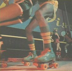 an advertisement for roller skates with two people on one side and another person standing in the background