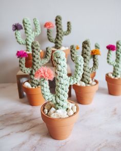 small crocheted cactus plants in clay pots