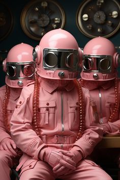 three people in pink suits sitting next to each other with their heads covered by masks