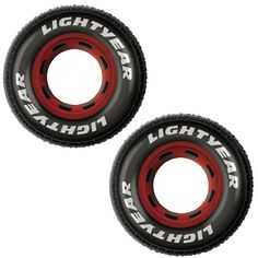 two black and red wheels with white lettering on the front, one is for lightyear