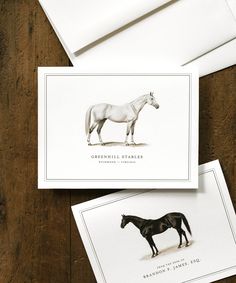 two greeting cards with an image of a horse on them, one is white and the other is black