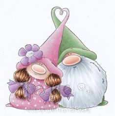 a drawing of two gnomes sitting next to each other with their heads together, one is wearing a pink hat and the other has a flower in her hair