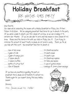 the holiday breakfast for winter class party is shown in this printable worksheet