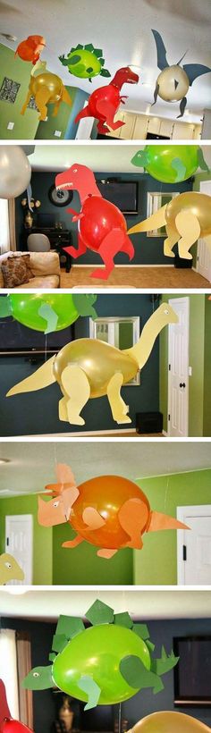 three different types of paper dinosaurs hanging from the ceiling