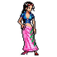 a pixel art image of a woman in a pink skirt and blue top with her hands on her hips