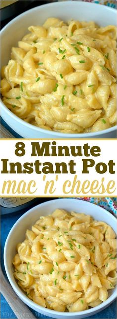 three different pictures of macaroni and cheese with the words 8 minute instant pot mac n cheese