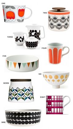 many different cups and saucers are shown in this image with the names below them