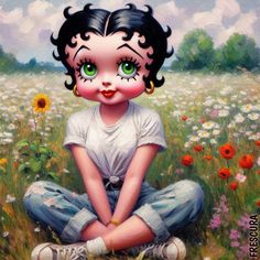 Enjoy the Day!  #Cartoon Character #BettyBoop in a field of #flowers #aiart #photoshop #bettybooplover #booplove #weekend #bettybooplovers