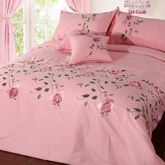 Flowers & Leaves Embroidered Duvet Cover Set - Pink / King size 6Pcs - Level Decor Grey Duvet, Gray Duvet Cover, Flat Bed, Soft Bedding