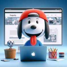 a cartoon dog sitting in front of a laptop computer with an apple logo on it