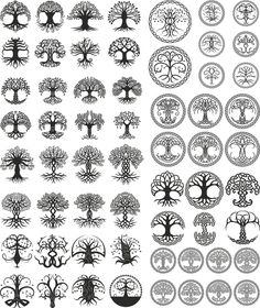 various tree silhouettes are shown in black and white, each with different designs on them