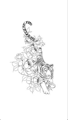 a drawing of a tiger surrounded by flowers