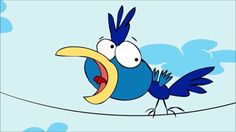 a cartoon bird sitting on top of a wire with it's mouth wide open