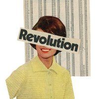 a collage of a woman's face with the word revolution taped to it