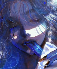 a digital painting of a woman with scissors in her mouth and hair blowing out the wind