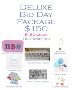 an advertisement for a package with various items on it and the text, deluxe bid day package $ 150 free shipping