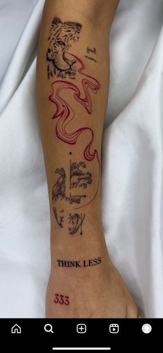 a person's foot with tattoos on it and the words think less written in red ink