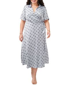 Vince Camuto-Leaf-print Wrap Dress (Plus Size) - Crafted of leaf-and-floral-print fabric, this tea-length dress is softly tailored with a point collar, V neckline and surplice bodice. The dress is cut with wide, elbow-length sleeves and finished with a sash that ties at the waist. Pair it with ankle-wrap espadrilles for country weddings and garden parties. Click here for Clothing Size Guide. Wrap Dress Plus Size, Draped Bodice, Floral Print Fabric, Printed Wrap Dresses, Tea Length Dresses, Floral Short, Maxi Wrap Dress, Short Sleeve Dress, Elbow Length Sleeve