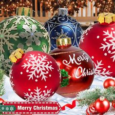 three christmas ornaments with snowflakes on them and the words merry christmas written in red