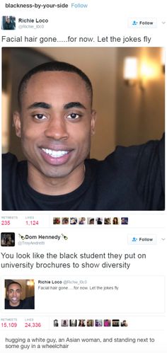 an image of a man on twitter with the caption that reads, you look like the black student they put on university blothes to show university