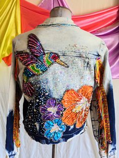 One Of A Kind Embellished Denim Jacket  -Size S -Denim  -Studs -Rhinestones  -3D Embellished -Sweet Jean Jacket Design, Bleached Denim Jacket, Bedazzled Jeans