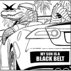 a black and white drawing of a man driving a car with an alligator on the hood