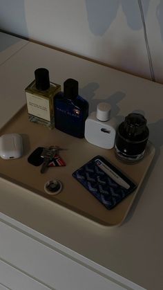 there is a tray with various items on it