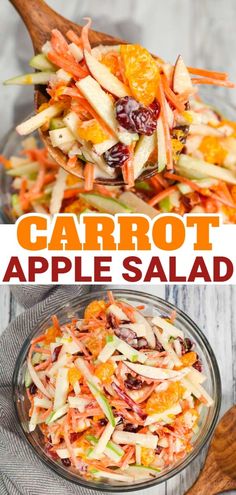 Carrot Apple Salad is a delicious and colourful salad loaded with sliced red and green apples, carrots, dried cranberries and mandarins all tossed in a vanilla yogurt and mayo dressing. Carrot Apple Salad, Apple Salad Recipe, Carrot Salad Recipes, Apple Salad Recipes, Fresh Salad Recipes, Best Salad Recipes, Apple Salad, Salad Side Dishes, Salad Dressing Recipes