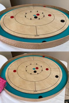 two pictures of a table that has been made to look like a hockey rink with red and black dots on it