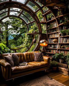 a living room filled with lots of books and plants