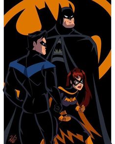 batman and batgirl standing in front of the moon