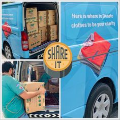 a man unloading boxes from the back of a blue van with an ad for share it