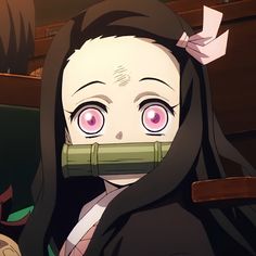 an anime character with long black hair and pink eyes holding a bamboo stick in front of her face