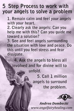 an angel statue with the text 5 step process to work with your angels to solve problem