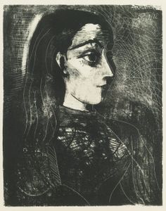 a black and white drawing of a woman's face with wavy lines on it