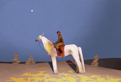 a painting of a man riding a horse on top of a desert area with trees and rocks in the background