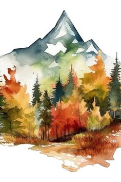 a watercolor painting of trees and mountains