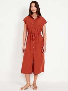 Waist-Defined Utility Midi Shirt Dress | Old Navy Casual Work Dress, Fall Capsule Wardrobe, Autumn Clothes, Rust Dress, Navy Midi Dress, Color Analysis, Midi Shirt Dress, Amber Color, Old Navy Dresses