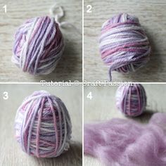 four pictures showing how to make a ball of yarn