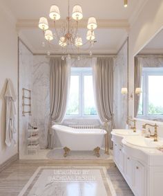 a large bathroom with marble floors and walls, along with a chandelier over the bathtub