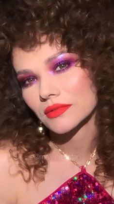 80s Makeup Purple, 80s Orange Makeup, Disco Makeup Brown Eyes, 70s Makeup Look Disco Pink, Pink Disco Makeup, 80s Party Makeup, Disco Make Up 70s, 80s Disco Makeup, Disco Chic Outfit