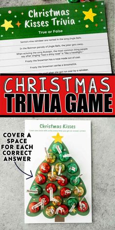 a christmas trivia game is on the floor next to a card and some candy