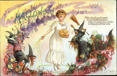 an old fashioned halloween postcard with a woman holding a pumpkin and witches on it