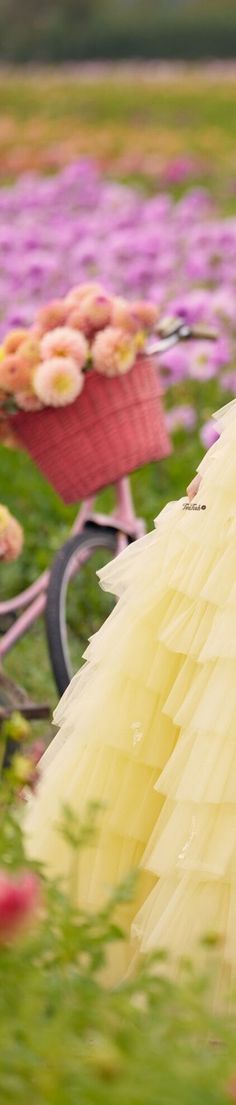 a woman in a yellow dress is riding a bike with flowers on the ground behind her