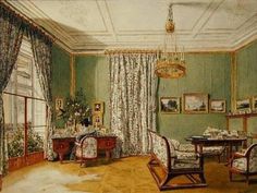 an old drawing of a living room with green walls and wood flooring is shown