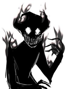 a black and white drawing of a creepy creature with hands in front of his face